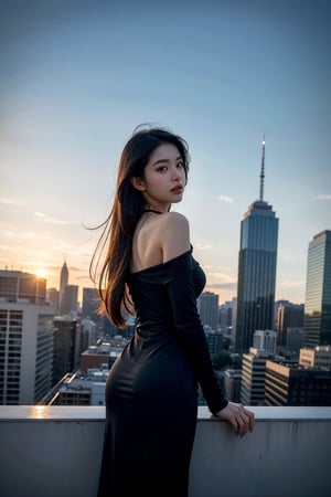 masterpiece, ultra high res, absurdres, (photo realistic),
a beautiful Japanese woman is photographed from behind, looking over her shoulder at the camera, on a rooftop with the city skyline at golden hour. She wears a chic, minimalist black dress that flutters in the breeze, her long black hair softly blown back. The golden light envelops her, creating a silhouette effect while the city behind her transitions from day to night, capturing a moment of serene beauty amidst urban life,