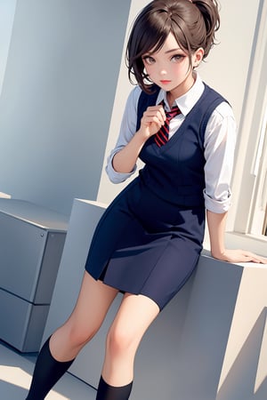 masterpiece, ultra high res, absurdres, (photo realistic), A young female fashion model, armond eyes, BREAK, (A navy check skirt:1.1). It is above the knee length, and has pleats. It is a classic and elegant item. (A white blouse:1.1). You tuck it into the skirt and have a ribbon on the collar. It is a simple and clean design, and matches the color of the skirt. (A navy knit vest:1.1). You wear it over the blouse and leave it open. It is made of a thick and warm material, and can be worn from winter to spring. (White socks). You contrast them with the color of the skirt and create brightness in your feet. They are made of a thin and smooth material, and are comfortable to wear. (Navy loafers). You match the color of the skirt and create a sense of unity in your feet. They are flat and easy to walk in, and can fit both casual and formal occasions. (Ponytail). You tie your hair high at the back, and make it fluffy. You do not have bangs, and tuck your hair behind your ears. (Cute makeup). You use a white foundation to make your skin look transparent. You apply an orange blush to give a pop of color to your cheeks. You use a blue eyeshadow to add color to your eyes. You draw a thin brown eyeliner. You use a brown mascara to lift your eyelashes. You use an orange lip to make it look lively. (dynamic pose:0.7), simple background,dutch angle, 