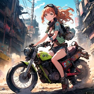 anime,(masterpiece, top quality, best quality, official art, beautiful and aesthetic:1.2), (1girl:1.2), (upper body),extreme detailed, (riding a bike), (driving in  top speed),  (post apocalyptic:1.3),colorful,highest detailed,