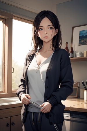 masterpiece, ultra high res, absurdres, photo realistic, In the early morning, a housewife in her thirties, (natural face), (small breast), (a slender waist that curves gracefully from her hips to her ribs:0.4), (puts on a cardigan over her sweatshirt and sweatpants ), (leaning forward:0.7), 