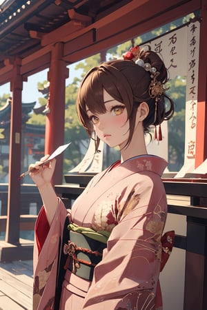 A Ultra realistic, a stunningly girl in (Pine and plum  pattern kimono:0.9), ornaments, flirting, filigree, colorful, sparkels, highlights, digital art, masterwork, brown hair, (draw a paper fortune at a shrine) , amber eyes, chignon, bright theme, soothing tones, muted colors, high contrast, (natural skin texture, hyperrealism, soft light, sharp), 