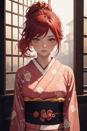 A Ultra realistic, a stunningly girl in (Peony pattern kimono:0.9), ornaments, flirting, filigree, colorful, sparkels, highlights, digital art, masterwork, red hair, shrine, amber eyes, chignon, dark theme, soothing tones, muted colors, high contrast, (natural skin texture, hyperrealism, soft light, sharp)