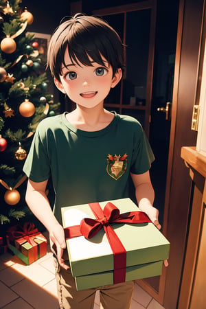 masterpiece, ultra high res, absurdres,photo realistic, 
On Christmas morning, a boy opened a present box that was placed under the fir tree. He found (a Meta Quest 3 inside the box:1.2), and he was very happy. 
