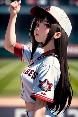 masterpiece, ultra high res, absurdres,photo realistic, 
A young woman who is a fan of Shohei Ohtani is (cheering from the outfield seats of the Los Angeles Angels' stadium), wearing a jacket with the Angels' uniform.