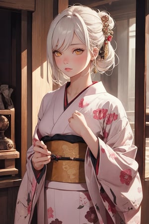 A Ultra realistic, a stunningly girl in (Peony pattern kimono:0.9), ornaments, flirting, filigree, colorful, sparkels, highlights, digital art, masterwork, white hair, shrine, amber eyes, chignon, dark theme, soothing tones, muted colors, high contrast, (natural skin texture, hyperrealism, soft light, sharp)