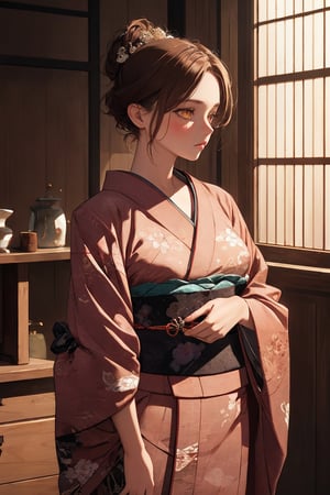 A Ultra realistic, a stunningly girl in (Pine and plum  pattern kimono:0.9), ornaments, flirting, filigree, colorful, sparkels, highlights, digital art, masterwork, brown hair, shrine, amber eyes, chignon, dark theme, soothing tones, muted colors, high contrast, (natural skin texture, hyperrealism, soft light, sharp)