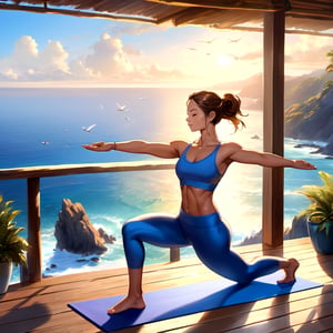 masterpiece, best quality, ultra high res, high detail, high quality, best quality, ultra detailed, absurdres, (ultra detailed face and eyes:1.2), (1girl of average build:1.4) is striking (a Warrior Pose) in her yoga attire on a yoga mat laid out on a wooden deck of a hotel, The deck overlooks a panoramic view of the sea, painting a scene of tranquil beauty, Her athletic figure is emphasized by her form-fitting yoga attire, highlighting her strength and flexibility as she executes the pose, The warrior pose she is holding exudes a sense of determination, her gaze focused on an invisible horizon, her body aligned in a perfect harmony, BREAK, The soft murmur of the sea fills the air around her, mixing with the distant calls of seagulls and creating an atmosphere of calm and peace. The sunlight reflects off the vast, open sea, casting a warm glow on her figure, BREAK, In the background, the sea expands into a horizon, meeting the sky in a soft blend of blue shades. The hotel's wooden deck, rustic and inviting, adds to the serene and natural aesthetic of the location. Each element of the scene combines to paint a picture of tranquility and centeredness, the woman in warrior pose at the heart of it all, 

