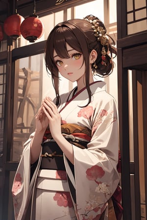 A Ultra realistic, a stunningly girl in (Pine and plum  pattern kimono:0.9), ornaments, flirting, filigree, colorful, sparkels, highlights, digital art, masterwork, brown hair, (pray with her palms together), at a shrine , amber eyes, chignon, dark theme, soothing tones, muted colors, high contrast, (natural skin texture, hyperrealism, soft light, sharp), 