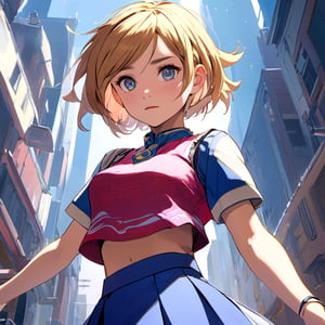 masterpiece, best quality, ultra high res, high detail, high quality, best quality, ultra detailed, absurdres, (ultra detailed face and eyes), 
1girl,arm up,hip vent,asymmetrical hair,  short hair,wearing mini skirt , tight top clothes, dynamic angle, looking away, dynamic pose