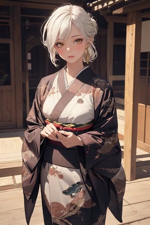 A Ultra realistic, a stunningly girl in Crane and turtle pattern kimono, ornaments, flirting, filigree, colorful, sparkels, highlights, digital art, masterwork, white hair, shrine, amber eyes, chignon, dark theme, soothing tones, muted colors, high contrast, (natural skin texture, hyperrealism, soft light, sharp)