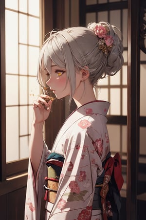 A Ultra realistic, a stunningly girl in (Peony pattern kimono:0.9), ornaments, flirting, filigree, colorful, sparkels, highlights, digital art, masterwork, silver hair, shrine, amber eyes, chignon, dark theme, soothing tones, muted colors, high contrast, (natural skin texture, hyperrealism, soft light, sharp)