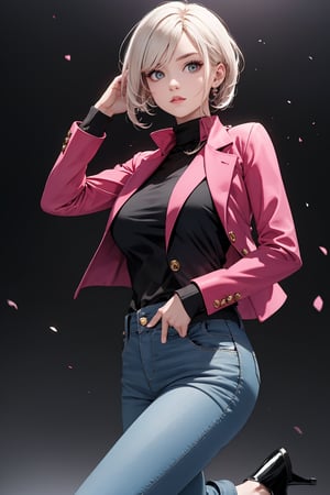 masterpiece, ultra high res, absurdres, (photo realistic),
A young female fashion model, armond eyes, BREAK,
gradient hair, Loose Topsy-Tail,BREAK,
(early spring fashion:1.2),
She looks bright and glamorous in her pink top, checkered blazer, leather pants, and heels. Her top is a simple turtleneck that goes well with her blazer, which has a checkered pattern and a fitted cut. Her pants are leather and have some puffy and quilted details that make them trendy. Her heels are pointed-toe and slingback, making them stylish and chic. She is ready to dazzle the crowd with her flair.
(dynamic pose:0.7),
simple background,dutch angle,