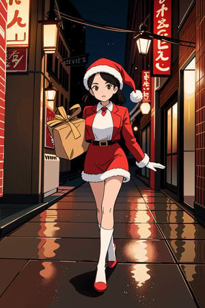 ((Masterpiece)), ((Ultra Best quality)), Photorealistic, 8k raw photo, ((Hyperdetailed)),
((small Round Boobs)), (beautiful bottom), detailed, perfect body,
A young woman is wearing (a Santa Claus costume). She has a red coat and mini skirt ,a red hat with a white fur pom-pom, white gloves, a black belt, 
She  is walking in the city of christmas lights, carrying a bag full of presents, in the evening,sticker design