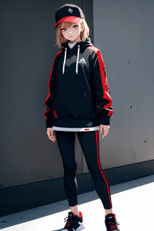 masterpiece, ultra high res, absurdres, A young female fashion model, (winter fashion), Sporty Chic style, Black short mountain parka, Colorful sports brand sweatshirt, Leggings or activewear, Sporty cap and sneakers, BREAK,
seductive expression, 
 simple background,dutch angle, 