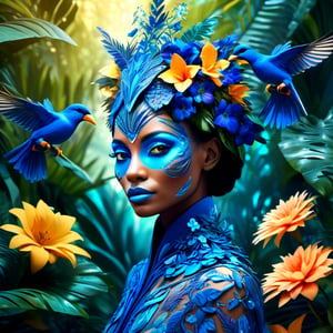 fashion photography portrait of blue human avatar, in blue lush jungle with flowers and birds, 3d render, cgi, symetrical, octane render, 35mm, bokeh, 9:16, (intricate details:1.12), hdr, (intricate details, hyperdetailed:1.15), (natural skin texture, hyperrealism, soft light, sharp:1.2)
