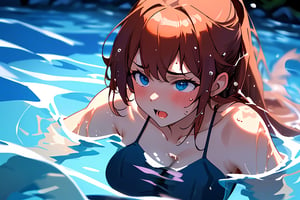 (8k, best quality, masterpiece,
ultra highres: 1.2) , (A woman) is swimming crawl  in a rapid current, heavy splashes, water splatters from the woman's hair, 