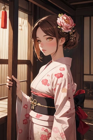 A Ultra realistic, a stunningly girl in (Peony pattern kimono:0.9), ornaments, flirting, filigree, colorful, sparkels, highlights, digital art, masterwork, brown hair, shrine, amber eyes, chignon, dark theme, soothing tones, muted colors, high contrast, (natural skin texture, hyperrealism, soft light, sharp)