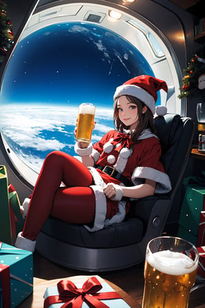 masterpiece, ultra high res, absurdres,photo realistic, 
After delivering all the presents, Santa girl is relaxing in her spaceship orbiting the Earth. She is enjoying a cold beer and some snacks, while gazing at the blue planet below. She feels a sense of accomplishment and gratitude for her hard work and the joy she brought to millions of children. She smiles and thinks to herself, "Another successful Christmas. I wonder what the next year will bring."