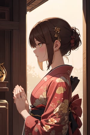 A Ultra realistic, a stunningly girl in (Pine and plum  pattern kimono:0.9), ornaments, flirting, filigree, colorful, sparkels, highlights, digital art, masterwork, brown hair, (pray with her palms together at a shrine) , amber eyes, chignon, dark theme, soothing tones, muted colors, high contrast, (natural skin texture, hyperrealism, soft light, sharp), from side,