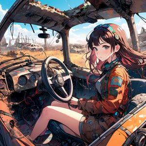 anime,(masterpiece, top quality, best quality, official art, beautiful and aesthetic:1.2), (1girl), upper body,extreme detailed, driving a car in full speed,  (holding a steering wheel),  (post apocalyptic:1.3),colorful,highest detailed,