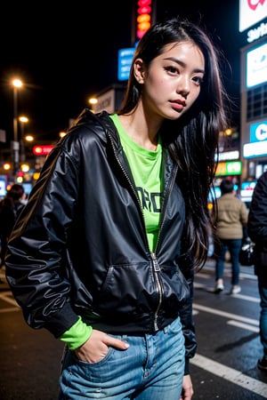 masterpiece, ultra high res, absurdres, (photo realistic),
A Shot from a low angle, a beautiful Japanese woman in trendy street fashion--a black oversized hoodie, ripped jeans, and sneakers--crosses the bustling Shibuya intersection. Neon lights from the surrounding billboards cast a vibrant glow on her face, illuminating her features and long black hair against the night. She looks directly at the camera, her expression a mix of determination and allure, with the crowd around her blurred in motione,