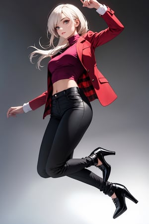 masterpiece, ultra high res, absurdres, (photo realistic),
A young female fashion model, armond eyes, BREAK,
gradient hair, Loose Topsy-Tail,BREAK,
(early spring fashion:1.2),
She looks bright and glamorous in her pink top, checkered blazer, leather pants, and heels. Her top is a simple turtleneck that goes well with her blazer, which has a checkered pattern and a fitted cut. Her pants are leather and have some puffy and quilted details that make them trendy. Her heels are pointed-toe and slingback, making them stylish and chic. She is ready to dazzle the crowd with her flair.
(dynamic pose:0.7),
simple background,dutch angle,