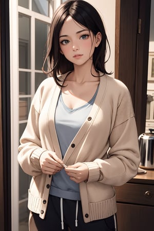 masterpiece, ultra high res, absurdres, photo realistic, In the early morning, a housewife in her thirties, (natural face), (small breast), (a slender waist that curves gracefully from her hips to her ribs:0.4), (puts on a cardigan over her sweatshirt and sweatpants ), (leaning forward:0.6), 