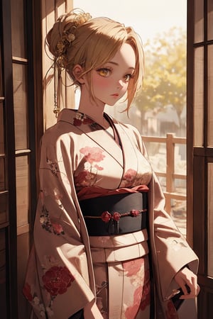 A Ultra realistic, a stunningly girl in (Peony pattern kimono:0.9), ornaments, flirting, filigree, colorful, sparkels, highlights, digital art, masterwork, gold  hair, shrine, amber eyes, chignon, dark theme, soothing tones, muted colors, high contrast, (natural skin texture, hyperrealism, soft light, sharp)