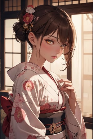 A Ultra realistic, a stunningly girl in (Peony pattern kimono:0.9), ornaments, flirting, filigree, colorful, sparkels, highlights, digital art, masterwork, brown hair, shrine, amber eyes, chignon, dark theme, soothing tones, muted colors, high contrast, (natural skin texture, hyperrealism, soft light, sharp)