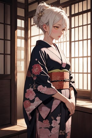 A Ultra realistic, a stunningly girl in (Peony pattern kimono:0.9), ornaments, flirting, filigree, colorful, sparkels, highlights, digital art, masterwork, white hair, shrine, amber eyes, chignon, dark theme, soothing tones, muted colors, high contrast, (natural skin texture, hyperrealism, soft light, sharp)