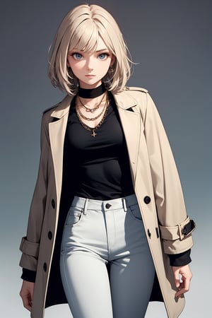 masterpiece, ultra high res, absurdres, A young female fashion model, (winter fashion), Modern Classic style, Short gray big-bore coat, White ribbed tank top, High-waisted black skinny pants, Simple gold chain necklace, BREAK,
seductive expression, 
 simple background,dutch angle, 
