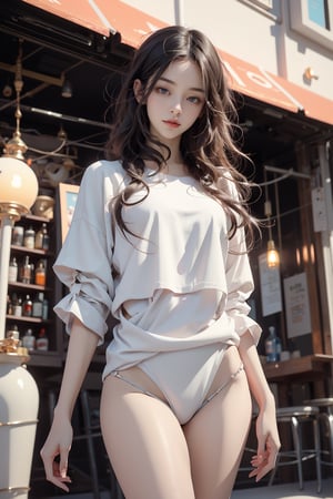 (Masterpiece, Top Quality, Best Quality, Official Art, Beauty & Aesthetics: 1.2), Best Photography Award, Best Adult Female Model, Beautiful Female Model, 1girl, Young Professional Asian Female Model, Long Black Curly Hair, Bangs, visible blue eyes, soft makeup, ombre lips, oversized breasts, hourglass figure, perfectly proportioned anatomical body, long fingers, red bikini latex, meticulous background, extreme detail, dynamic lighting, tokyo street in sunset mood, full body shot