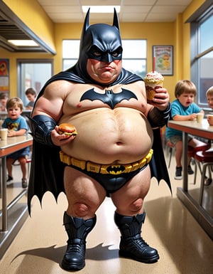 full body image, Batman fat belly, (tom holand) as a toddler, standing at cafeteria, eating huge buger, extreme caricature
,more detail XL