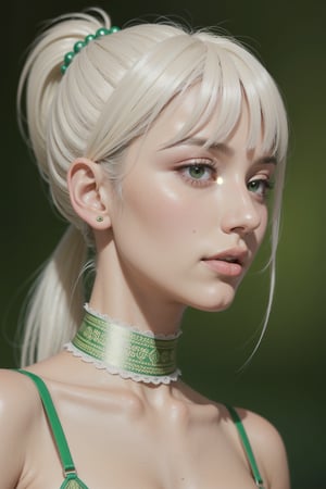 Protrait, photograph, androgynous hunnuman, oval jaw, delicate features, beautiful face, white hair, long bangs, long ponytail, bright green eyes, hindu art, chin