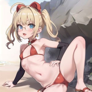 beach_background, high_resolution, best quality, extremely detailed, HD, 8K, detalied_face,
figure_sexy, 132 cm, 1 girl, small breasts, bun_hair, glasses, tiny_breasts,  (petanko:1.5),  loli,  lolicon, happy, (blonde_hair:1.3), blue eyes, Nero, wasp_waist, microbikini:2.0, draco, , navel,
