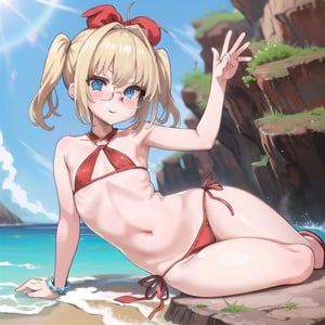 beach_background, high_resolution, best quality, extremely detailed, HD, 8K, detalied_face,
figure_sexy, 132 cm, 1 girl, small breasts, bun_hair, glasses, tiny_breasts,  (petanko:1.5),  loli,  lolicon, happy, (blonde_hair:1.3), blue eyes, Nero, wasp_waist, microbikini:2.0, draco, , navel,