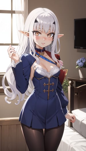 bedroom_background, high_resolution, best quality, extremely detailed, HD, 8K, detalied_face, ,fairy knight lancelot (fate), elf ears, long_hair, wavy_hair, white hair, figure_sexy, 156 cm, little girl, tiny_girl, lolicon ,1 girl, small breasts, golden_eyes:1.2, collarbone, thighs, one piece/dress, leggings, cleavage, boob_window