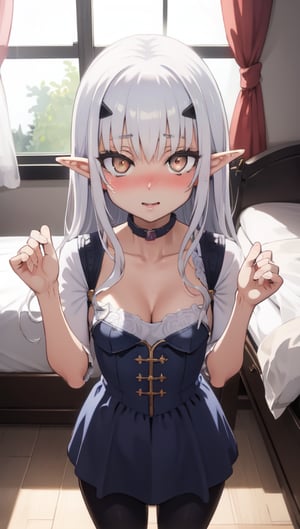 bedroom_background, high_resolution, best quality, extremely detailed, HD, 8K, detalied_face, ,fairy knight lancelot (fate), elf ears, long_hair, wavy_hair, white hair, figure_sexy, 156 cm, little girl, tiny_girl, lolicon ,1 girl, small breasts, golden_eyes:1.2, collarbone, thighs, one piece/dress, leggings, cleavage, boob_window, blushing, hands_up, looking_at_viewer
