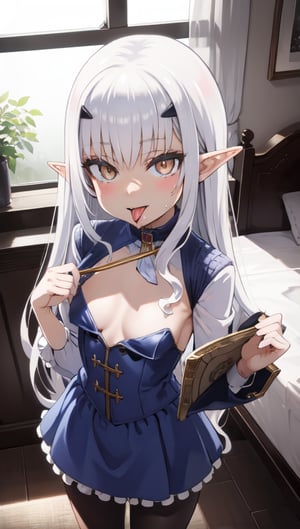 bedroom_background, high_resolution, best quality, extremely detailed, HD, 8K, detalied_face, ,fairy knight lancelot (fate), elf ears, long_hair, wavy_hair, white hair, figure_sexy, 156 cm, little girl, tiny_girl, lolicon ,1 girl, small breasts, golden_eyes:1.2, collarbone, thighs, one piece/dress, leggings, cleavage, boob_window, from above, tongue_lick