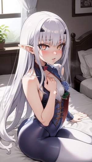 bedroom_background, high_resolution, best quality, extremely detailed, HD, 8K, detalied_face, ,fairy knight lancelot (fate), elf ears, long_hair, wavy_hair, white hair, figure_sexy, 156 cm, little girl, tiny_girl, lolicon ,1 girl, small breasts, golden_eyes:1.2, collarbone, thighs, one piece/dress, leggings, ass, butt_cheeks, cleavage