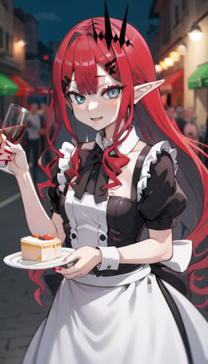 Nightbar_background, high_resolution, best quality, extremely detailed, HD, 8K, 
1 girl, solo, figure_sexy, hot, 170 cm, tall_girl, small_breasts, happy face, adult, beautiful eyes, short elf ears, (grey skin), (red hair:2.0), long hair, tiara, maid_uniform, white_uniform, looking_at_viewer, long_skirt, holding_plate, wine_glass