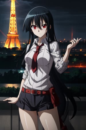 Wearing white Sweater and Black Dolphin Short, Seducing Pose, Eiffel Tower In the Background,1girl,(4k), Raining, Gloomy Weather,akame (akame ga kill), perfect hand, perfect eyes, perfect legs