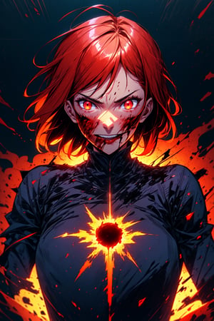 Female, Short Shaggy Haircut With Short Fringe, White color Hair, red Light Particles, Blood On her Face, Red Eyes, ((Gory Fantasy Battle Background)),r1ge,no_humans,NamiFinal