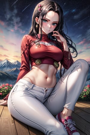 hancock1, Wearing Crop Top and Full White jeans With Flower Design, Wearing Blue Sneakers, Seducing Pose, mountains in the background, Sharp Focus, Night Time, |stars in The Sky|, Digital Manga Illustration, Fit Body, Detailed Face, boa hancock 