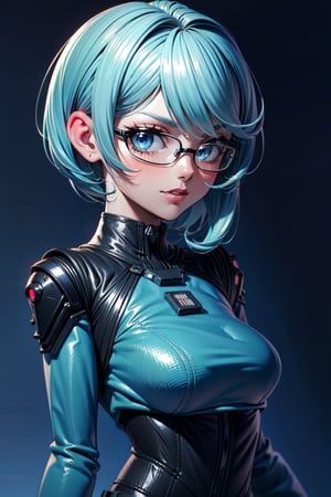 ((masterpiece, best quality, highres:1.2)), 1Girl, Solo, Wearing Futuristic cyberpunk outfit, Short Bob hair Cut, Seducing Pose, Fit Body, Blush Face, White Skin Tone, Medium breast, Futuristic Cyber Punk city Background,3DMM, Sharp Focus, Blue Perfect Eyes, Beauty mark on the left side of her chin, Wearing Futuristic Glasses, Slim Thighs