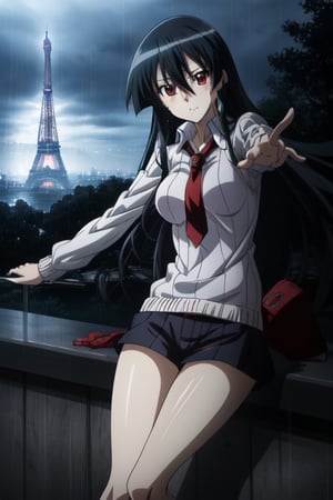 Wearing white Sweater and Black Dolphin Short, Seducing Pose, Eiffel Tower In the Background,1girl,(4k), Raining, Gloomy Weather,akame (akame ga kill), perfect hand, perfect eyes, perfect legs