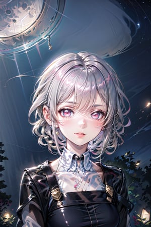 Female, Silver Short Shaggy Haircut With Short Fringe, Pink eyes, Wearing Black Dress, Night TIme, Stars and moon In The Sky,no_humans,Kafka(hsr)
