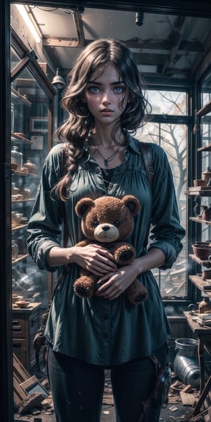 1girl, black long hair, tousled unkempt hair, blue eyes, (cowboy_shot:1.2), face focus, long hair, sidelocks, scared,(terrified:1.1) expression, holding teddy bear, atmospheric lighting, moody, darkness, in an old abandoned museum, transparent glass display cases filled with interesting objects, dusty, post-apocalypse, cobwebs, superb, beautiful 8k wallpaper, extremely detailed, intricate, 