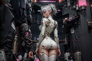 Cute Girl in lingerie, photo from behind the model, nighttime, neon lights, full body photo, white and grey hair, cyberpunk city, string bodysuit, ghost in the shell style