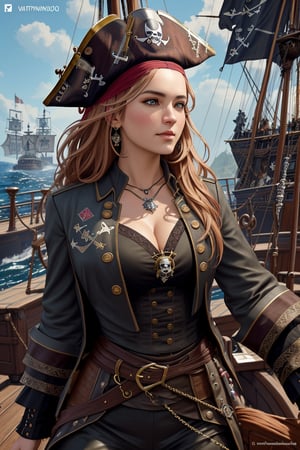 Danielle van de Donk, full body potrait of a photorealistic beautiful woman, (aboard a pirate ship:1.50), intense coloration fantasy, light hair, a stunning realistic photograph 20 years , random colored hair,  (multiple women pirates dancing together:1.3), random color eyes, full body, cover, hyperdetailed painting, luminism, octane render, Bar lighting,  complex, 8k resolution concept art portrait by Martina Fačková and Prywinko Art, Artgerm, WLOP, Alphonse Mucha, Tony Taka, fractal isometrics details, photorealistic face, hypereallistic cover photo awesome full color, hand drawn, bright, gritty, realistic color scheme, davinci, .12k, intricate. hit definition , Beethoven, cinematic,Rough sketch, mix of bold dark lines and loose lines, bold lines, on paper , real life human,3d style